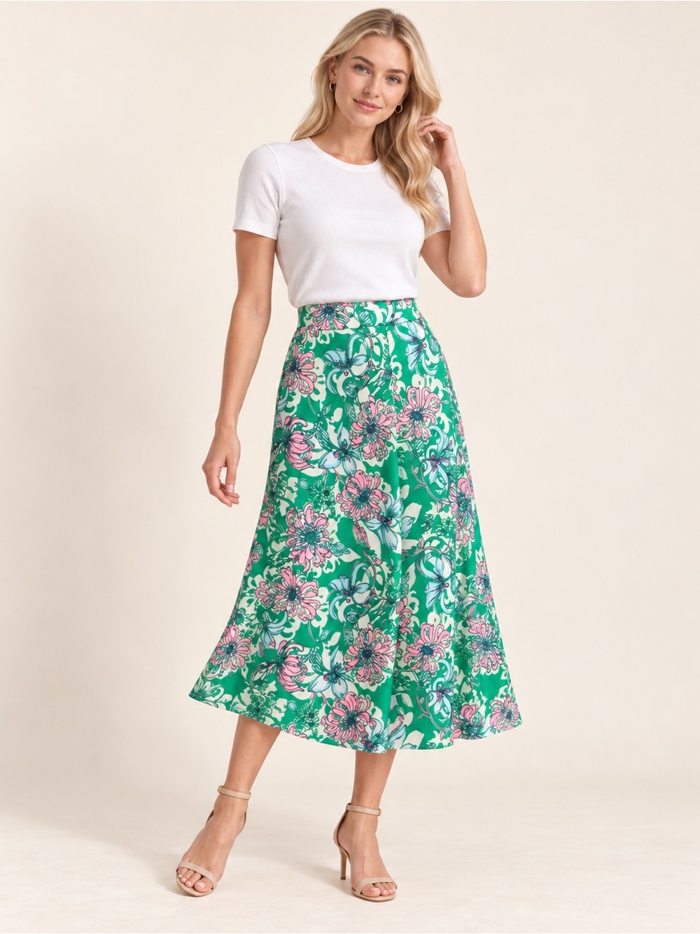 Lilly Pulitzer Green Floral Midi Skirt with Pink & White Blooms
